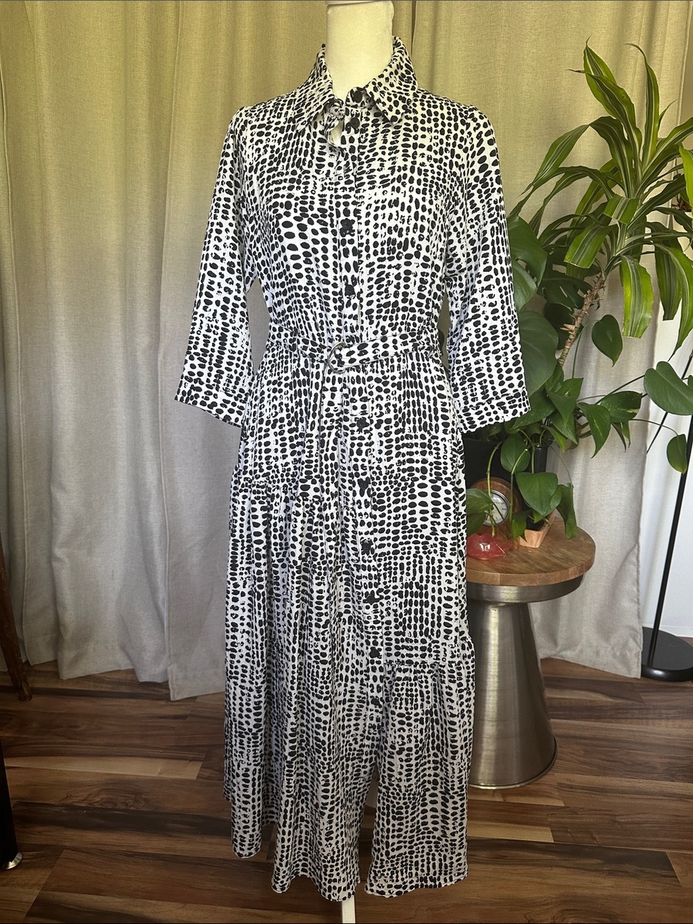 Zara Black & White Printed Maxi Shirt Dress with Waist Tie